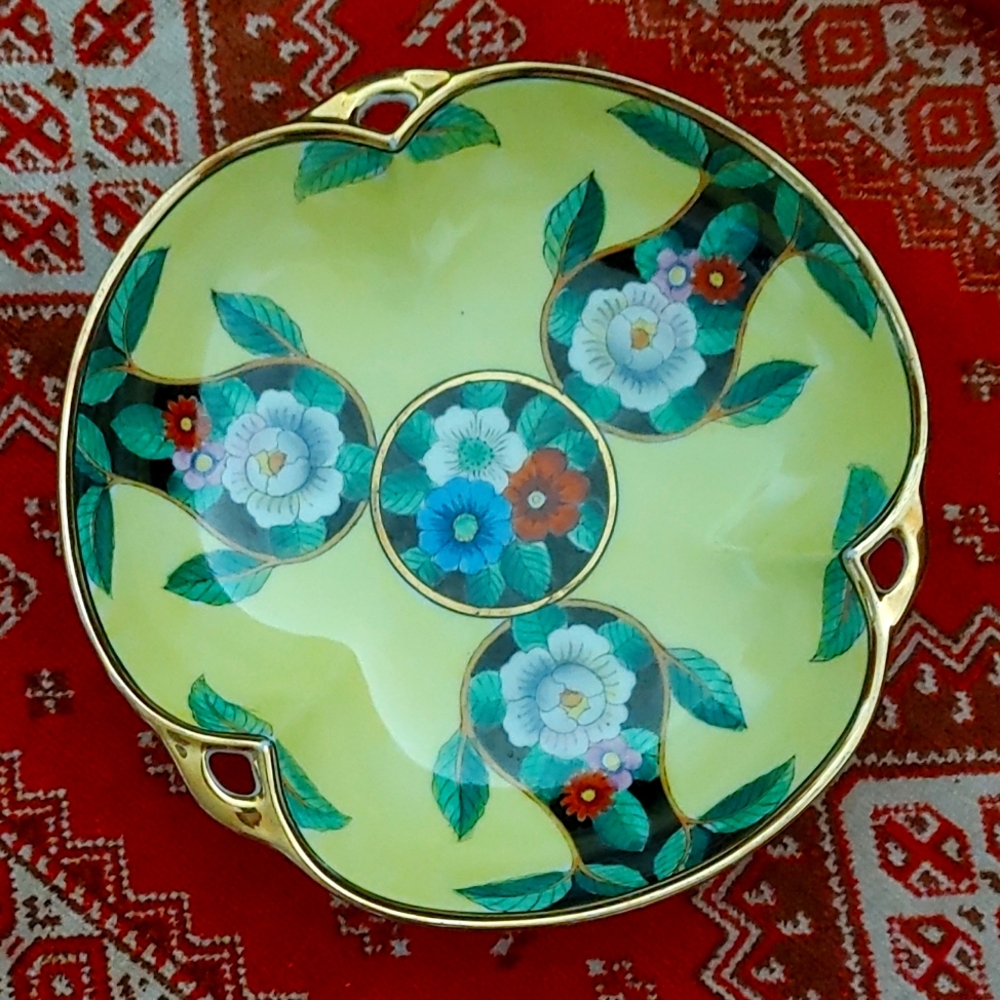 Vtg Bow Noritake hand-painted floral dish yellow and gold trim. 7 inch diameter